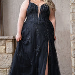 Sydney's Closet SC5372 plus size wedding dress.  Black floral lace on black tulle. Sexy plunging V-neckline with exposed corset boning.  Basque waistline on A-line skirt with slit and long train with lace details. Perfect for the unique, alternative bride. 