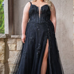 Sydney's Closet SC5372 plus size wedding dress.  Black floral lace on black tulle. Sexy plunging V-neckline with exposed corset boning.  Basque waistline on A-line skirt with slit and long train with lace details. Perfect for the unique, alternative bride. 