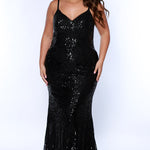 Sydney’s Closet SC7340 black. Slim Silhouette, fitted Bodice and a slim skirt with Spaghetti Straps. Natural Waistline, V-neckline and Center-back Zipper. Sequins over stretch knit lining.