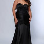 Sydney's Closet SC7364 Black. Stretch Satin, Stretch knit lining, Fitted silhouette, Strapless Sweetheart bodice,  optional spaghetti straps, Ruched front and back bodice, Invisible center back zipper, Sweep train, Horsehair hem