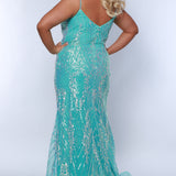 Sydney's Closet SC7366 Ocean. Fitted silhouette, Iridescent sequin on tulle over satin lining, Spaghetti straps, Sweetheart neckline, Slim trumpet skirt with sweep train, Fully lined