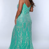 Sydney's Closet SC7366 Mint. Fitted silhouette, Iridescent sequin on tulle over satin lining, Spaghetti straps, Sweetheart neckline, Slim trumpet skirt with sweep train, Fully lined