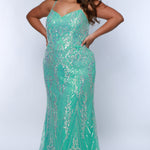 Sydney's Closet SC7366 Mint. Fitted silhouette, Iridescent sequin on tulle over satin lining, Spaghetti straps, Sweetheart neckline, Slim trumpet skirt with sweep train, Fully lined