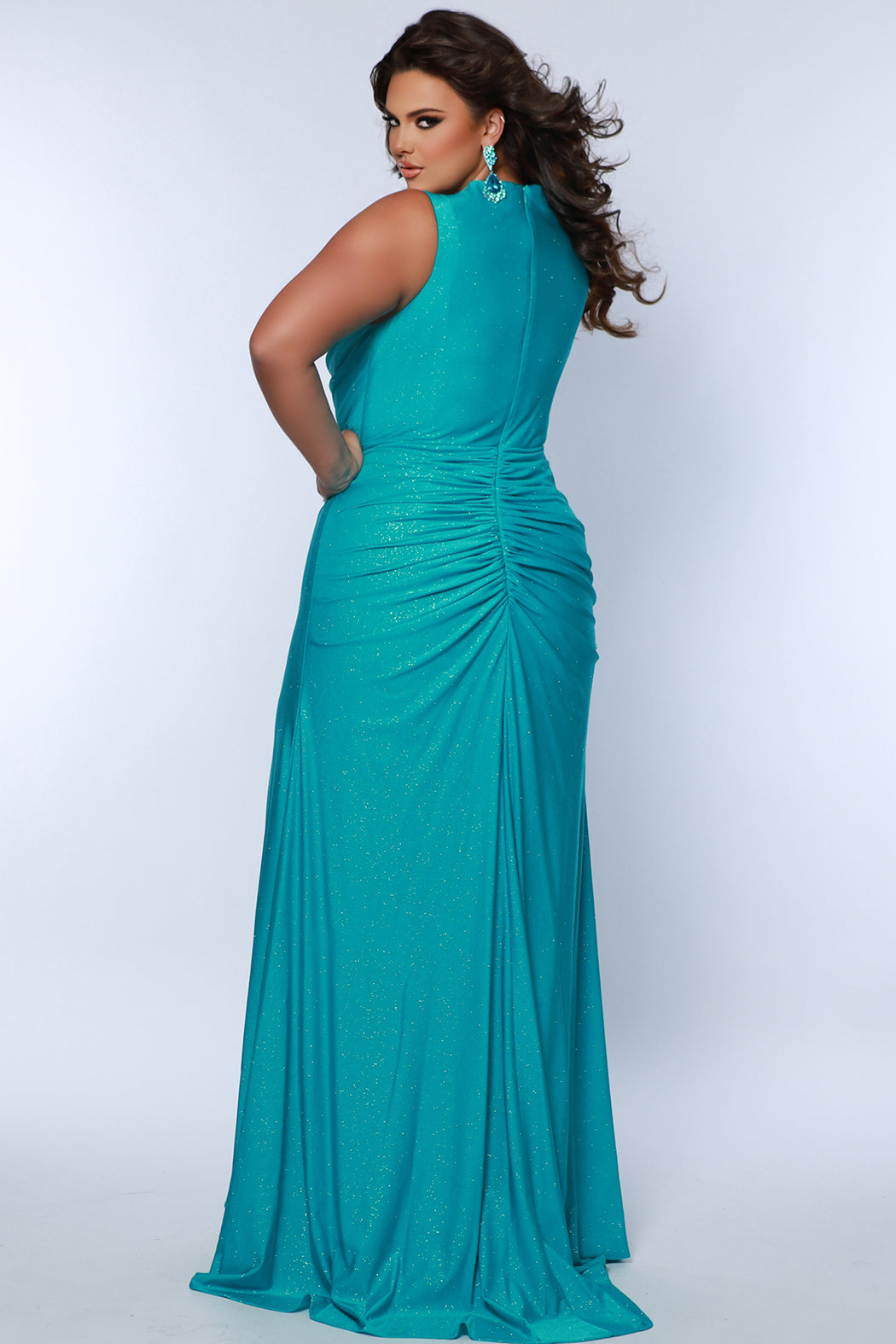 Sydney's Closet SC7369 Aqua. Fitted silhouette, Stretch Lycra with sparkle, Bra-friendly straps, V-neckline, Empire waist, Ruched back, Slim skirt with sweep train