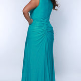 Sydney's Closet SC7369 Aqua. Fitted silhouette, Stretch Lycra with sparkle, Bra-friendly straps, V-neckline, Empire waist, Ruched back, Slim skirt with sweep train