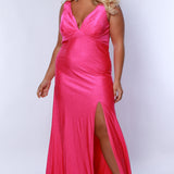 Sydney's Closet SC7369 Pink. Fitted silhouette, Stretch Lycra with sparkle, Bra-friendly straps, V-neckline, Empire waist, Ruched back, Slim skirt with sweep train