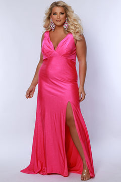 Sydney's Closet SC7369 Pink. Fitted silhouette, Stretch Lycra with sparkle, Bra-friendly straps, V-neckline, Empire waist, Ruched back, Slim skirt with sweep train