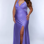 Sydney's Closet SC7369 Lilac. Fitted silhouette, Stretch Lycra with sparkle, Bra-friendly straps, V-neckline, Empire waist, Ruched back, Slim skirt with sweep train