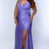 Sydney's Closet SC7369 Lilac. Fitted silhouette, Stretch Lycra with sparkle, Bra-friendly straps, V-neckline, Empire waist, Ruched back, Slim skirt with sweep train