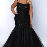 Sydney's Closet SC7370 Black. Floral lace, tulle, sparkle tulle, Nude mesh insert, Leaf lace appliques with sequins, Mermaid silhouette, Scoop-neckline, ½ inch straps, Long invisible center back zipper, Natural waist, mermaid skirt.