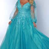 Sydney's Closet SC7373 Blue. Floral lace appliques with sequins and beads, Tulle over sparkle tulle, V-neckline with tone-on-tone mesh insert, Deep V, Waistband, Puff sleeves with appliques, V-back, Bra-friendly straps, Natural waistline, A-line skirt, Light satin lining