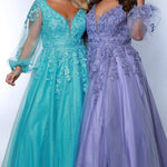 Sydney's Closet SC7373 Blue and Purple. Floral lace appliques with sequins and beads, Tulle over sparkle tulle, V-neckline with tone-on-tone mesh insert, Deep V, Waistband, Puff sleeves with appliques, V-back, Bra-friendly straps, Natural waistline, A-line skirt, Light satin lining