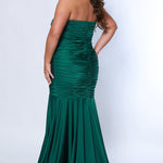 Sydney's Closet SC7374 Green. Stretch jersey, Stretch knit lining, Fitted silhouette, Strapless, Sweetheart bodice, Optional spaghetti straps, Ruched front and back bodice, Invisible center back zipper, Sweep train, Horsehair hem