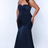 Sydney's Closet SC7374 Navy. Stretch jersey, Stretch knit lining, Fitted silhouette, Strapless, Sweetheart bodice, Optional spaghetti straps, Ruched front and back bodice, Invisible center back zipper, Sweep train, Horsehair hem