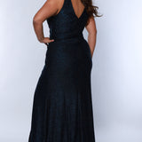 Sydney's Closet SC7376 Blue. Stretch knit, Fitted silhouette, Floor length, V-neckline, Sleeveless, Bra-friendly straps, Center-back zipper, V-bodice with pleats, Natural waistline, Fitted skirt with slit, Sweep train, Shimmer fabric.