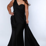 Sydney's Closet SC7377 Black. Stretch jersey over stretch knit lining, One-shoulder neckline, Ruched bodice, Natural waistline, Slim A-line skirt with train, Side fly away panel at waist, Long invisible center back zipper, Horsehair hem, Sweep train