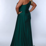 Sydney's Closet SC7377 Green. Stretch jersey over stretch knit lining, One-shoulder neckline, Ruched bodice, Natural waistline, Slim A-line skirt with train, Side fly away panel at waist, Long invisible center back zipper, Horsehair hem, Sweep train