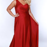 Sydney's Closet SC7377 Red. Stretch jersey over stretch knit lining, One-shoulder neckline, Ruched bodice, Natural waistline, Slim A-line skirt with train, Side fly away panel at waist, Long invisible center back zipper, Horsehair hem, Sweep train