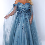 Sydney's Closet SC7379 Blue. Detachable tulle scarves, Detachable spaghetti straps, Ball gown silhouette, Off-the-shoulder strap with elastic band, Sweetheart neckline, Full ball gown skirt, Long invisible center back zipper, Chiffon 3D flowers on glitter net over sparkle tulle, Fully lined, light satin lining