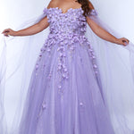 Sydney's Closet SC7379 Lilac. Detachable tulle scarves, Detachable spaghetti straps, Ball gown silhouette, Off-the-shoulder strap with elastic band, Sweetheart neckline, Full ball gown skirt, Long invisible center back zipper, Chiffon 3D flowers on glitter net over sparkle tulle, Fully lined, light satin lining