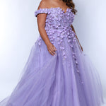 Sydney's Closet SC7379 Lilac. Detachable tulle scarves, Detachable spaghetti straps, Ball gown silhouette, Off-the-shoulder strap with elastic band, Sweetheart neckline, Full ball gown skirt, Long invisible center back zipper, Chiffon 3D flowers on glitter net over sparkle tulle, Fully lined, light satin lining