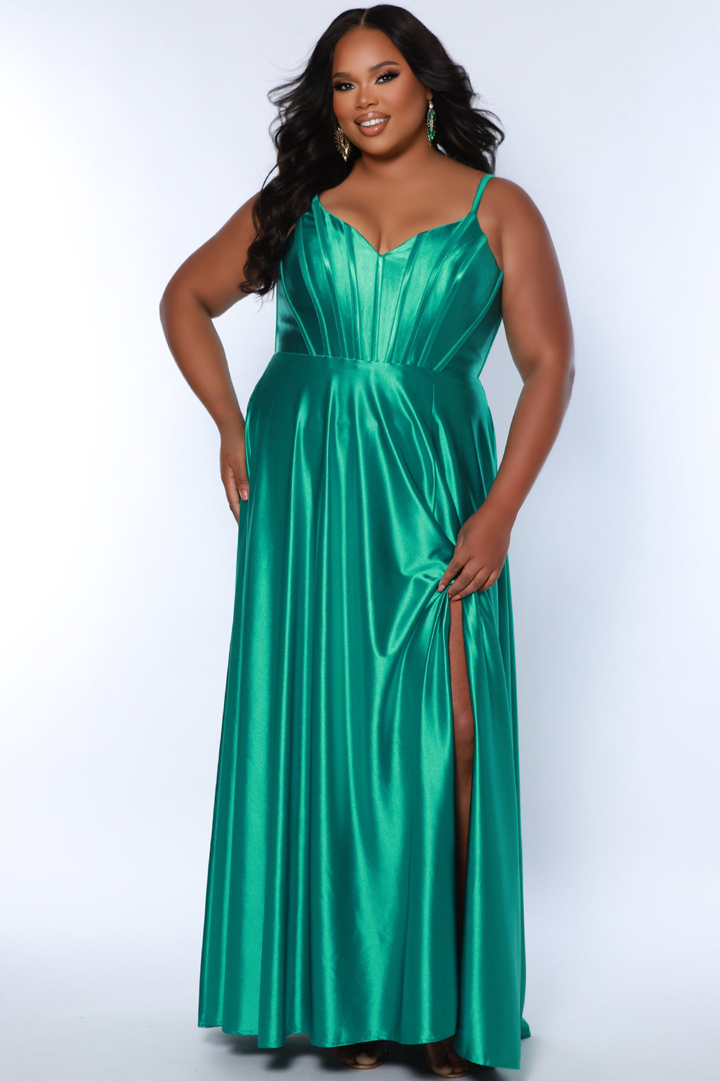 Sydney's Closet SC7380 Green. A-line silhouette, Satin over satin lining, V- neckline, Corset bodice, boned front and back, Natural waistline, A-line skirt