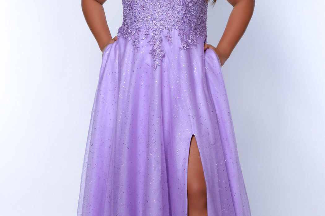 Sydney's Closet SC7384 Purple. A-line skirt, lace bodice, glitter tulle skirt over satin lining, slit, lace covered straps, pockets, natural waistline, center back zipper.  
