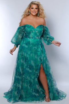 Sydney's Closet SC7386 Green. Floral print tulle, ruched bodice, sweetheart neckline, A-line skirt with slit, bicep to wrist puff sleeve, 4 inch cuff at wrist, center back zipper, natural waistline. 
