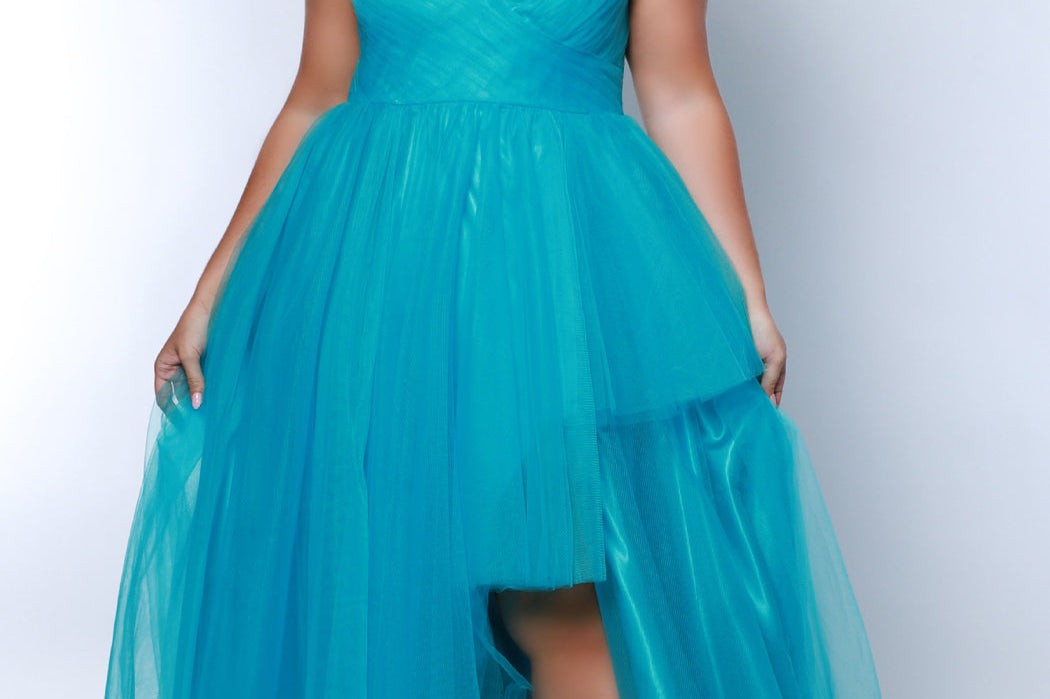 Sydney's Closet SC7388 Blue. Off the shoulder, sweetheart neckline, ruched tulle bodice, layered tulle skirt with high-low slit, center back zipper. 