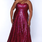 Sydney's Closet SC7389 Magenta. Dense sequin, A-line skirt, sweetheart neckline with sequin covered straps that cross the front of the chest, natural waistline, center back zipper, floor length. 