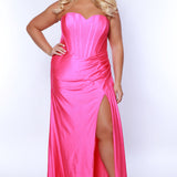 Sydney's Closet SC7390 Pink. Strapless sweetheart bodice with exposed boning, sparkle stretch lycra, slit, side ruching, floor length , modified Basque waist. 