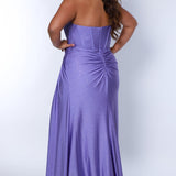 Sydney's Closet SC7390 Lilac. Strapless sweetheart bodice with exposed boning, sparkle stretch lycra, slit, side ruching, floor length , modified Basque waist.