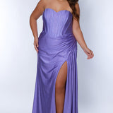 Sydney's Closet SC7390 Lilac. Strapless sweetheart bodice with exposed boning, sparkle stretch lycra, slit, side ruching, floor length , modified Basque waist.