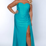 Sydney's Closet SC7390 Aqua. Strapless sweetheart bodice with exposed boning, sparkle stretch lycra, slit, side ruching, floor length , modified Basque waist.