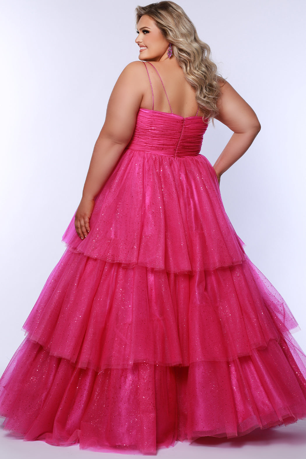 Sydney's Closet SC7392 Pink Tiered glitter tulle ballgown, pleated bodice, rolled satin straps covered in glitter tulle, natural waistline, center back zipper.