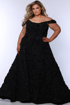 Plus size formal event dress or unique edgy wedding dress. 3D floral fabric. Scoop neckline with cat-eye detail, detachable drape sleeves, A-line skirt with pockets and train.  Sydney's Closet style SC7397 for formal gown or SC5354 for bridal gown is available in black or ivory. 