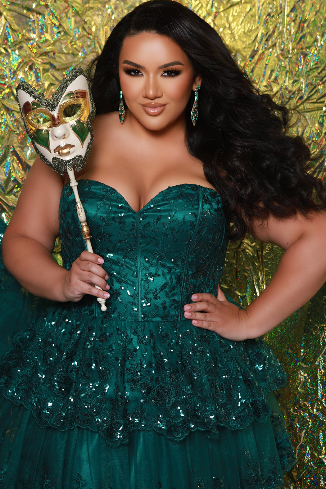 Strapless, sweetheart plus size gala formal ballgown. Exposed corset boning on bodice covered in lace applqiues. Tiered A-line skirt with matching lace applique hem. Style SC7398 is available in forest green, navy blue or burgundy red by Sydney's Closet. 