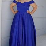 Long formal satin ballgown style SC7400 by Sydney's Closet. Available in sizes 14-32 in colors cobalt blue, onyx black and ruby red.  Pleated bodice with exposed boning, detachable pleated drape sleeves, basque waist and pockets.  