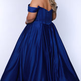 Long formal satin ballgown style SC7400 by Sydney's Closet. Available in sizes 14-32 in colors cobalt blue, onyx black and ruby red.  Pleated bodice with exposed boning, detachable pleated drape sleeves, basque waist and pockets.  