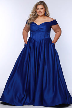 Long formal satin ballgown style SC7400 by Sydney's Closet. Available in sizes 14-32 in colors cobalt blue, onyx black and ruby red.  Pleated bodice with exposed boning, detachable pleated drape sleeves, basque waist and pockets.  