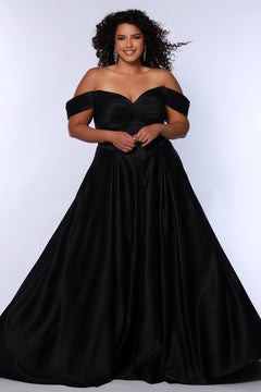 Long formal satin ballgown style SC7400 by Sydney's Closet. Available in sizes 14-32 in colors cobalt blue, onyx black and ruby red.  Pleated bodice with exposed boning, detachable pleated drape sleeves, basque waist and pockets.  