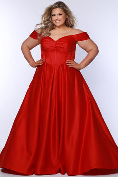 Long formal satin ballgown style SC7400 by Sydney's Closet. Available in sizes 14-32 in colors cobalt blue, onyx black and ruby red.  Pleated bodice with exposed boning, detachable pleated drape sleeves, basque waist and pockets.  
