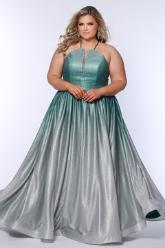 Plus size ombre prom ballgown. Halter neckline with nude mesh insert, waistband, gathered A-line skirt with pockets and horsehair hem.  Lace-up back with modesty panel. Available in purple or green by Sydney's Closet.