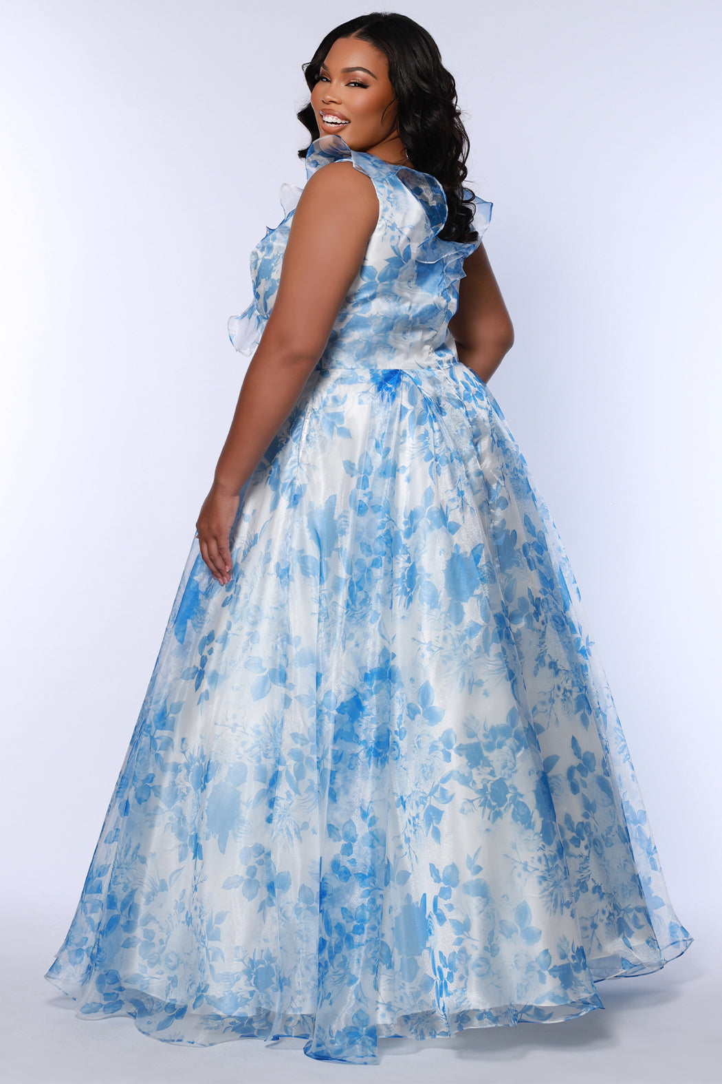 Blue/White Chiffon Floral Plus Size Dress - Sydney's Closet SC7421