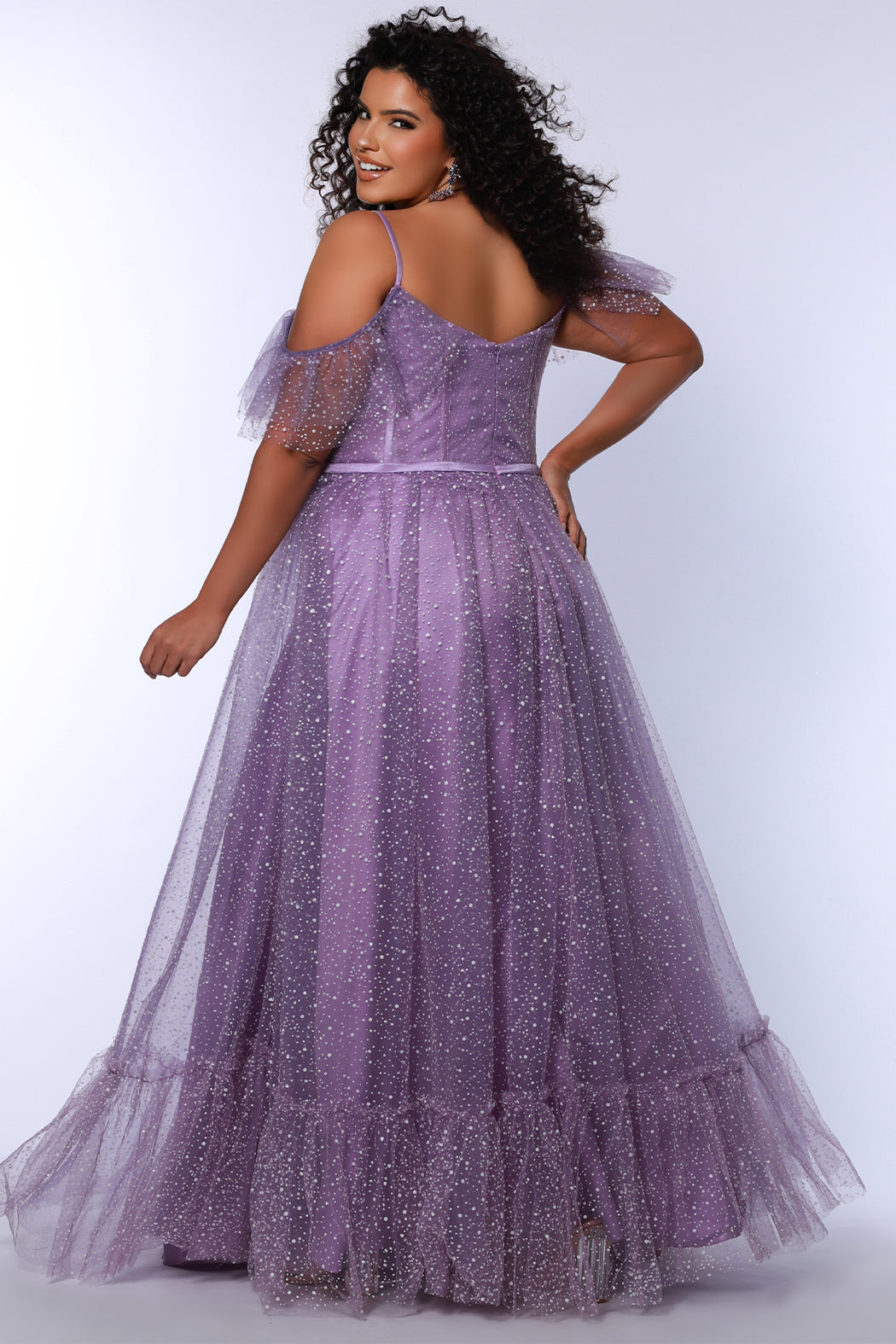 Sydney's Closet plus size SC7411 picnic style formal dress. Avialable in lilac purple, sage green, or ice blue with detachable drape sleeves, exposed corset boning and pockets. Full A-line skirt with tiered gather near the hem. 