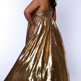 Empire plus size formal dress with spaghetti straps, pleated bodice with knot detail, pockets and slit. Available in gold, onyx black and ruby red. SC7414 by Sydney's Closet