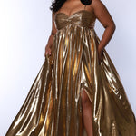 Empire plus size formal dress with spaghetti straps, pleated bodice with knot detail, pockets and slit. Available in gold, onyx black and ruby red. SC7414 by Sydney's Closet