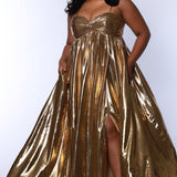 Empire plus size formal dress with spaghetti straps, pleated bodice with knot detail, pockets and slit. Available in gold, onyx black and ruby red. SC7414 by Sydney's Closet