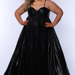 Empire plus size formal dress with spaghetti straps, pleated bodice with knot detail, pockets and slit. Available in gold, onyx black and ruby red. SC7414 by Sydney's Closet