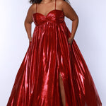 Empire plus size formal dress with spaghetti straps, pleated bodice with knot detail, pockets and slit. Available in gold, onyx black and ruby red. SC7414 by Sydney's Closet
